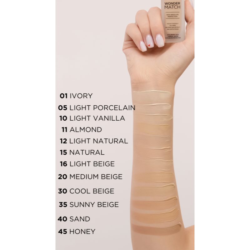 Eveline Cosmetics Wonder Match Long-lasting Liquid Foundation With Hyaluronic Acid Shade 10 Light Vanilla 30 Ml