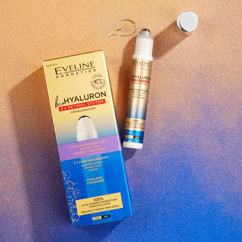 Eveline Cosmetics Bio Hyaluron 3x Retinol System охолоджуючий ролик для шкіри навколо очей проти зморшок та темних кіл 15 мл