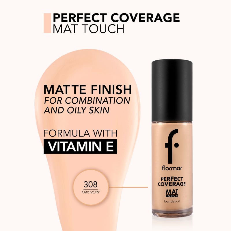 Flormar Perfect Coverage Mat Touch Foundation Fond De Teint Matifiant Pour Peaux Mixtes à Grasses Teinte 308 Fair Ivory 30 Ml