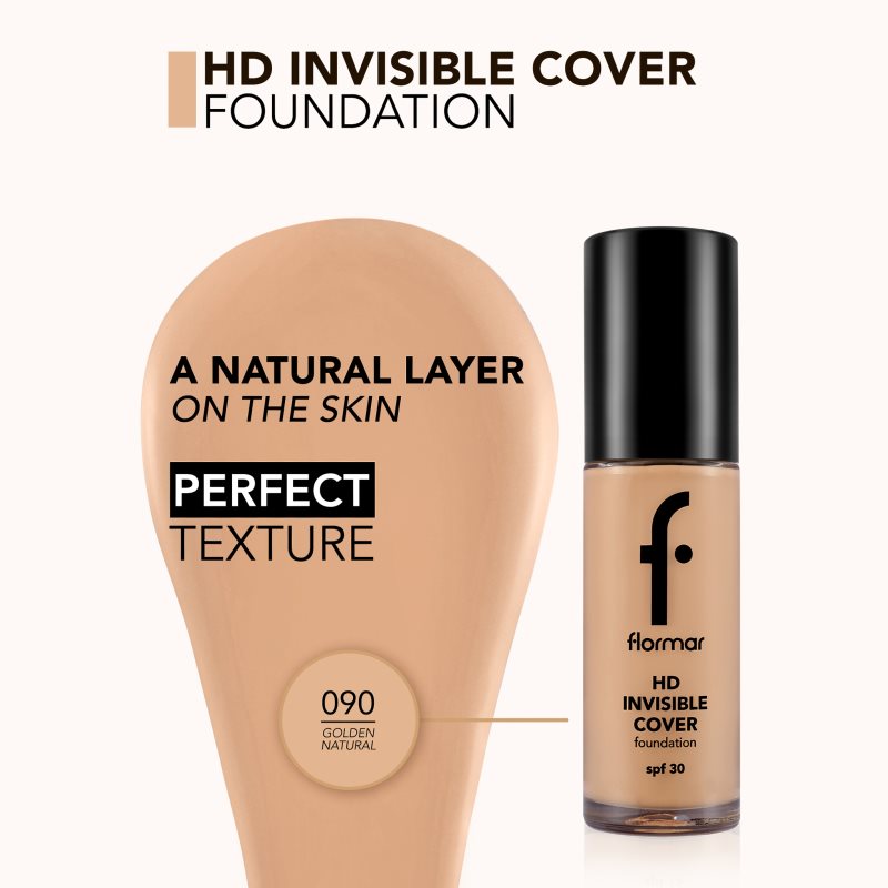 flormar HD Invisible Cover Foundation fondotinta illuminante leggero SPF 30 colore 090 Golden Natural 30 ml