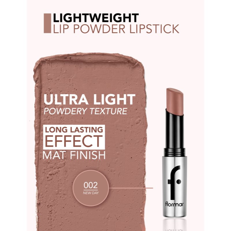 flormar Lightweight Lip Powder Lipstick dlhotrvajúci rúž s matným efektom odtieň 002 New Day 3 g (obrázok 4)