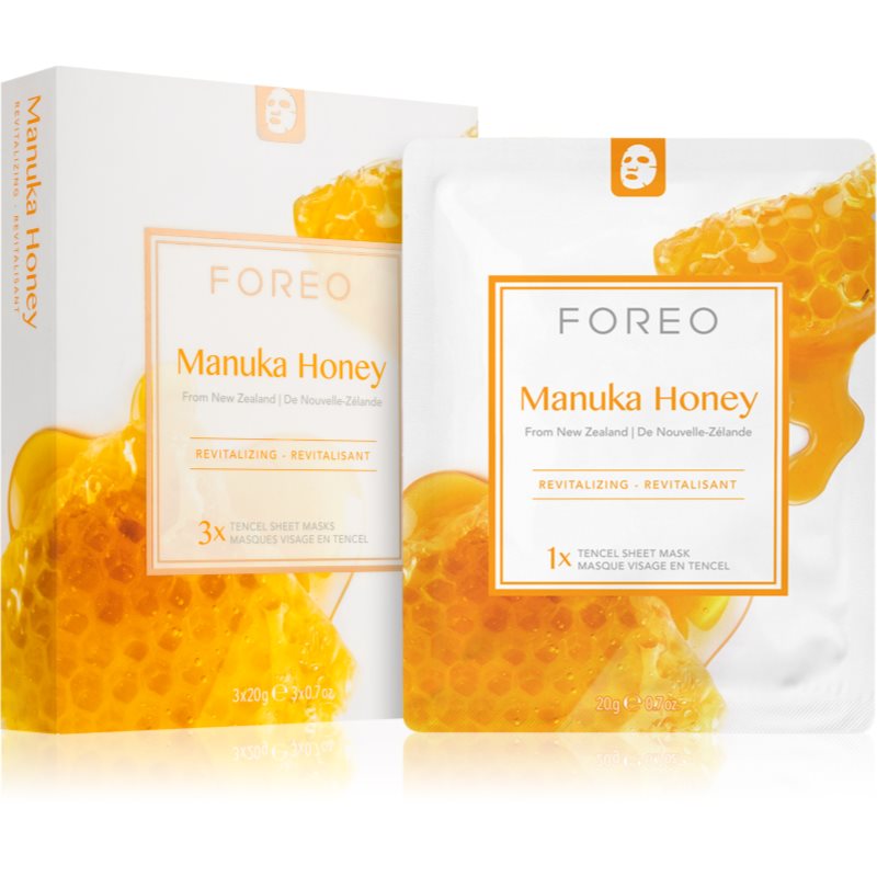 FOREO Farm to Face Sheet Mask Manuka Honey drėkinamoji ir gaivinamoji tekstilinė veido kaukė 3x20 ml