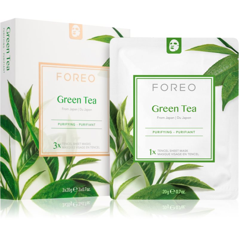 FOREO Farm to Face Sheet Mask Green Tea raminamoji tekstilinė veido kaukė mišriai odai 3x20 ml