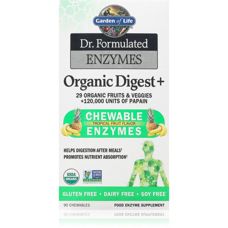 Garden of Life Dr. Formulated Organic Digest+ žuvacie tablety na podporu trávenia príchuť Tropical Fruit 90 ks