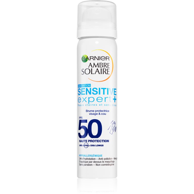 Garnier Ambre Solaire Sensitive Expert+ lengvas apsaugos nuo saulės purškiklis veidui ir dekoltė sričiai SPF 50 75 ml