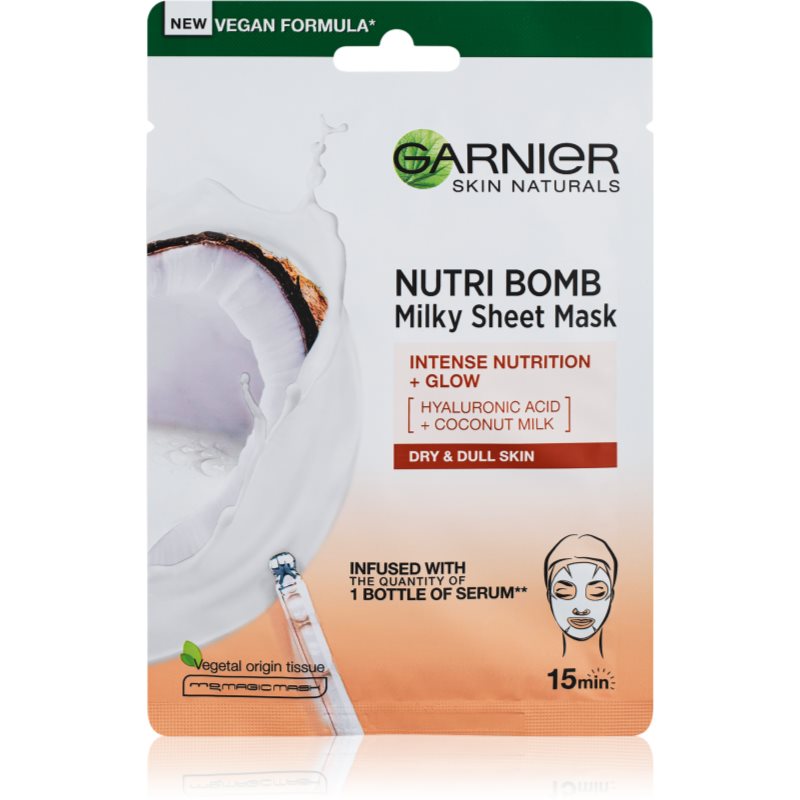 Garnier Skin Naturals Nutri Bomb Coconut + Hyaluronic Acid 1 ks pleťová maska na zmiešanú pleť; výživa a regenerácia pleti; na rozjasnenie pleti