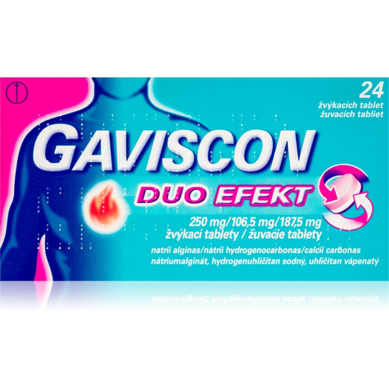 Gaviscon Gaviscon Duo Efekt 250 mg/106, 5 mg/187,5 mg žuvacie tablety na zmiernenie príznakov pálenia záhy 24 tbl