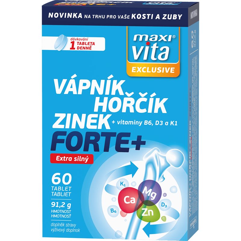 Maxi Vita Exclusive Vápnik Horčík Zinok tablety na podporu zdravia kostí, kĺbov a zubov 60 tbl