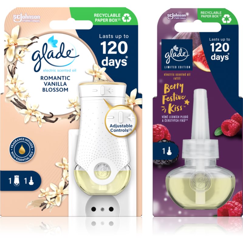 GLADE Electric scented oil Romantic Vanilla Blossom + Berry Festive Kiss výhodné balení 3 ks