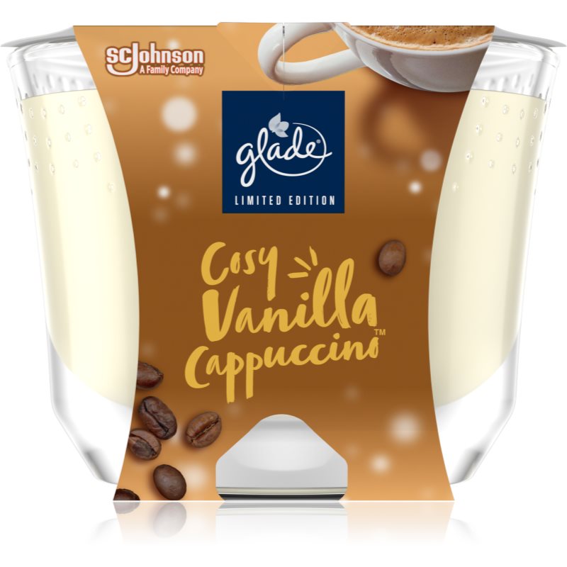 E-shop GLADE Cosy Vanilla Cappuccino vonná svíčka s vůní Vanilla Foam, Roasted Coffee, Toasted Hazelnut 224 g