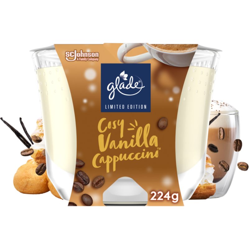 GLADE Cosy Vanilla Cappuccino Scented Candle With Aroma Vanilla Foam, Roasted Coffee, Toasted Hazelnut 224 G