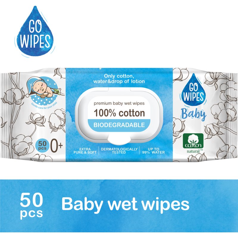 GoWipes Baby 100% Cotton Biodegradable detské jemné vlhčené obrúsky pre citlivú pokožku 0+ 50 ks
