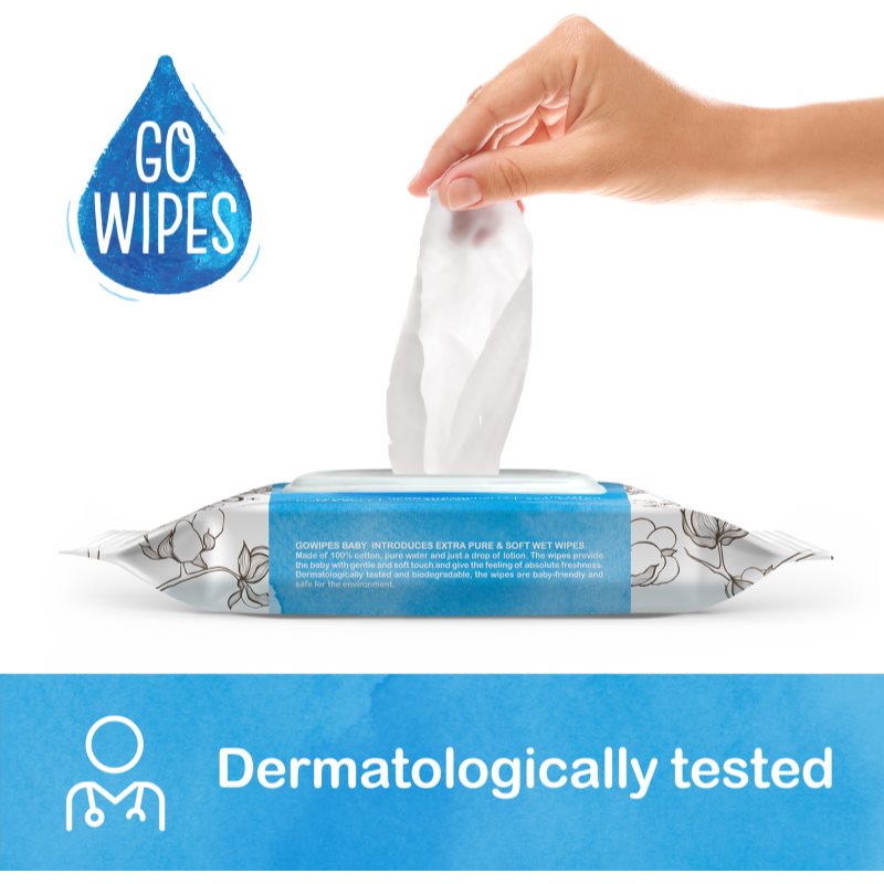 GoWipes Baby 100% Cotton Biodegradable detské jemné vlhčené obrúsky pre citlivú pokožku 0+ 50 ks