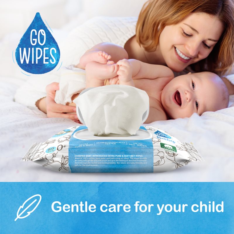 GoWipes Baby 100% Cotton Biodegradable detské jemné vlhčené obrúsky pre citlivú pokožku 0+ 50 ks