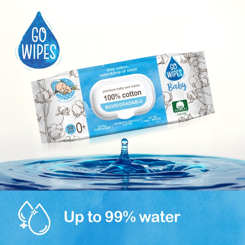 GoWipes Baby 100% Cotton Biodegradable detské jemné vlhčené obrúsky pre citlivú pokožku 0+ 50 ks