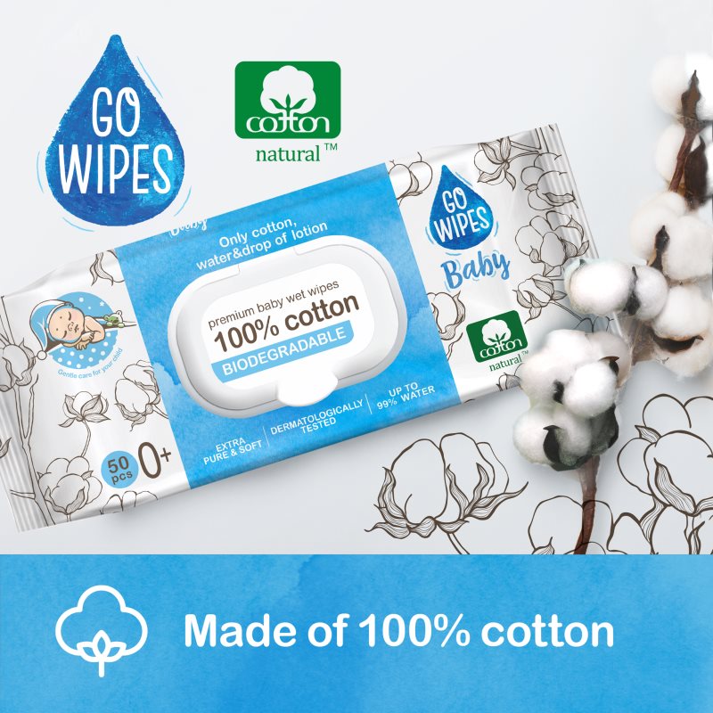 GoWipes Baby 100% Cotton Biodegradable detské jemné vlhčené obrúsky pre citlivú pokožku 0+ 50 ks
