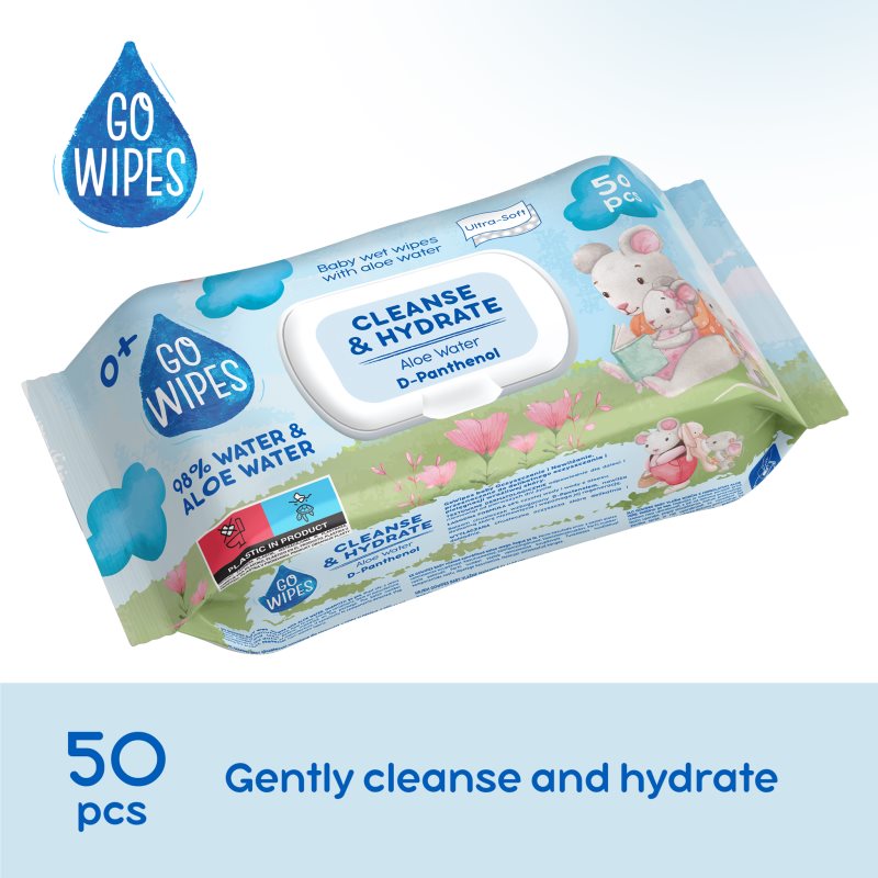 GoWipes Cleanse & Hydrate detské jemné vlhčené obrúsky pre citlivú pokožku aloe vera 0+ 50 ks