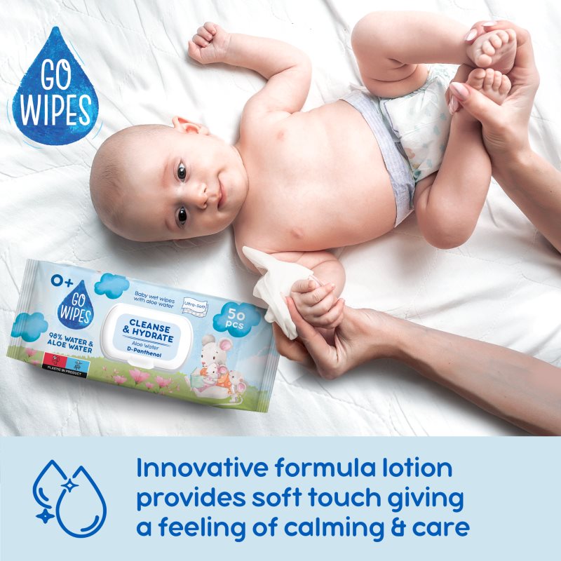 GoWipes Cleanse & Hydrate detské jemné vlhčené obrúsky pre citlivú pokožku aloe vera 0+ 50 ks