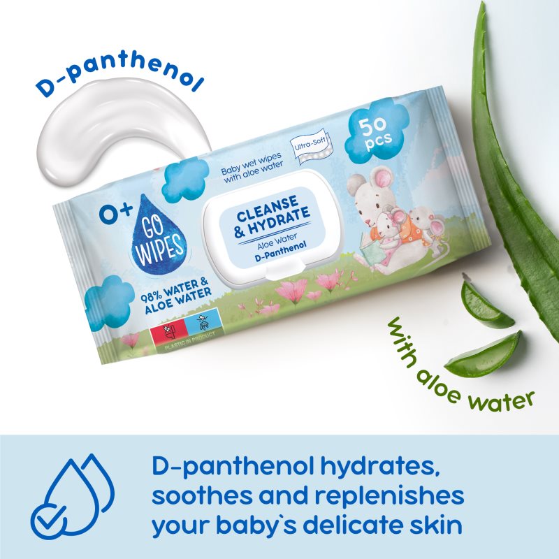 GoWipes Cleanse & Hydrate detské jemné vlhčené obrúsky pre citlivú pokožku aloe vera 0+ 50 ks