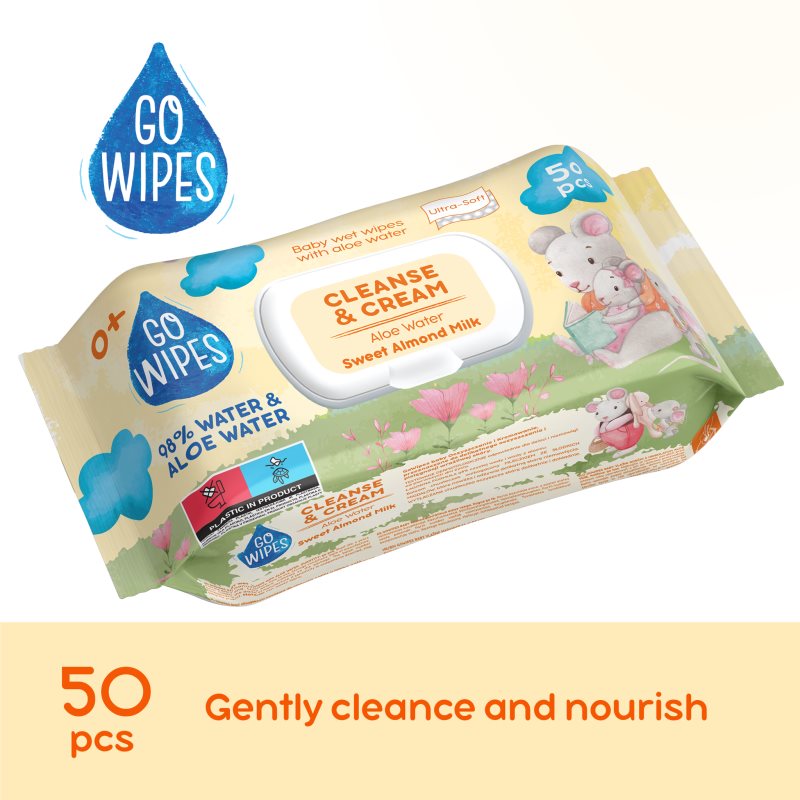 GoWipes Cleanse & Cream Sweet Almond Milk detské jemné vlhčené obrúsky pre citlivú pokožku aloe vera 0+ 50 ks