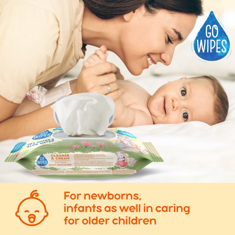 GoWipes Cleanse & Cream Sweet Almond Milk detské jemné vlhčené obrúsky pre citlivú pokožku aloe vera 0+ 50 ks