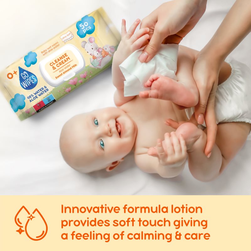 GoWipes Cleanse & Cream Sweet Almond Milk detské jemné vlhčené obrúsky pre citlivú pokožku aloe vera 0+ 50 ks