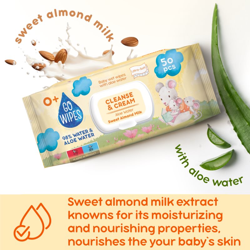 GoWipes Cleanse & Cream Sweet Almond Milk detské jemné vlhčené obrúsky pre citlivú pokožku aloe vera 0+ 50 ks