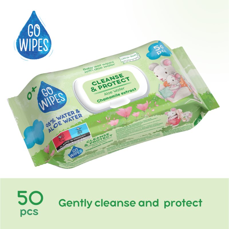 GoWipes Cleanse & Protect Chamomile extract detské jemné vlhčené obrúsky s aloe vera 50 ks