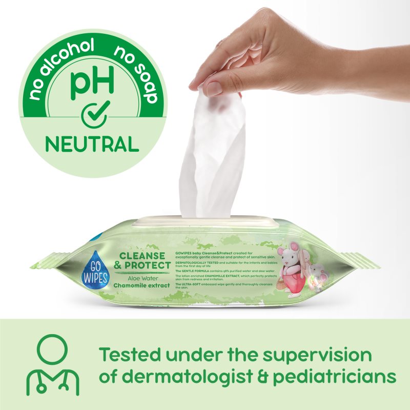 GoWipes Cleanse & Protect Chamomile extract detské jemné vlhčené obrúsky s aloe vera 50 ks