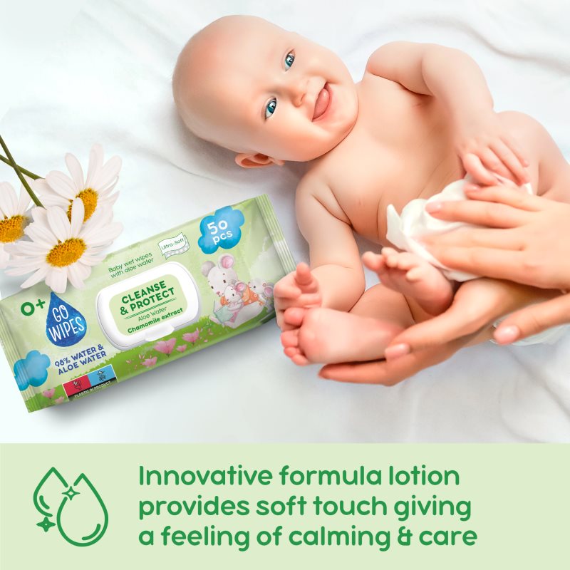 GoWipes Cleanse & Protect Chamomile extract detské jemné vlhčené obrúsky s aloe vera 50 ks