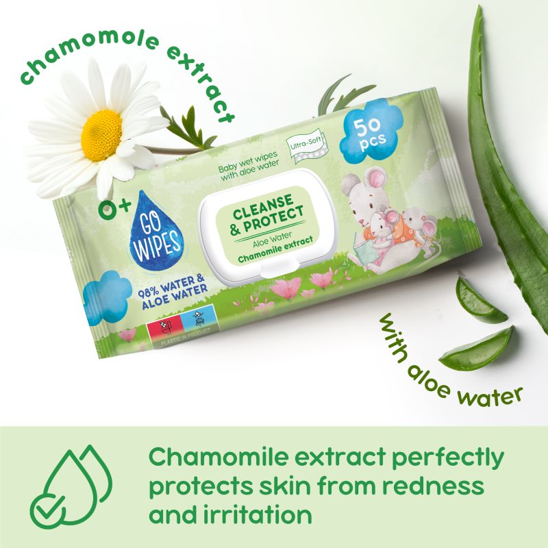 GoWipes Cleanse & Protect Chamomile extract detské jemné vlhčené obrúsky s aloe vera 50 ks