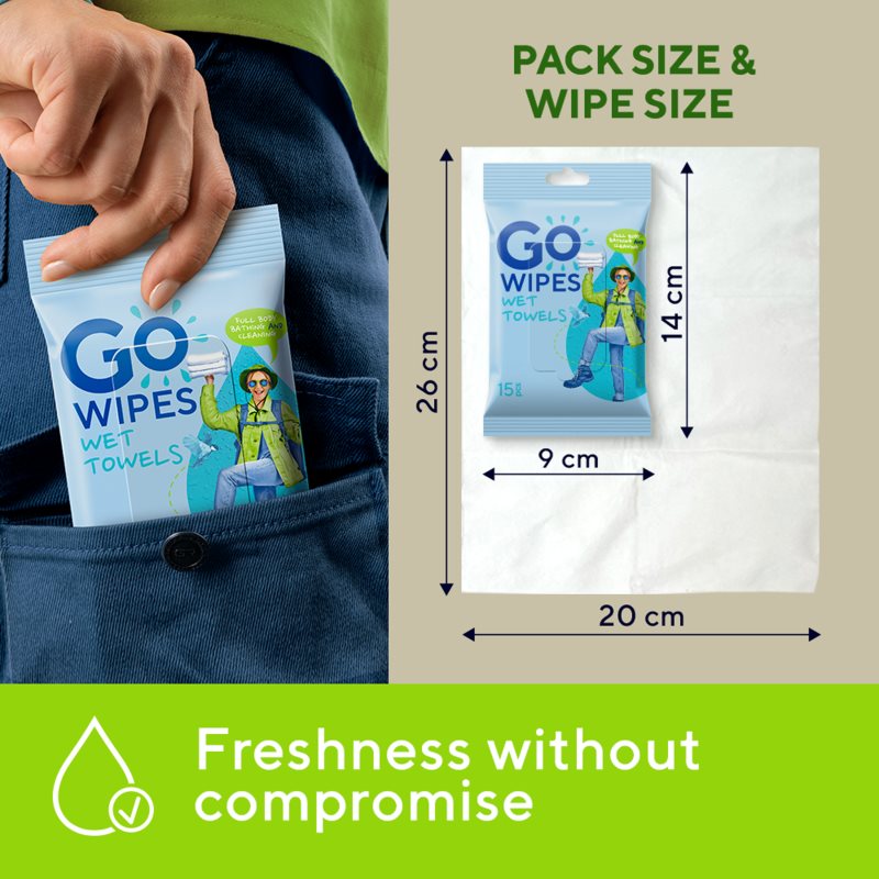 GoWipes Wet Towels osviežujúce vlhčené uteráky 26x20 cm 15 ks