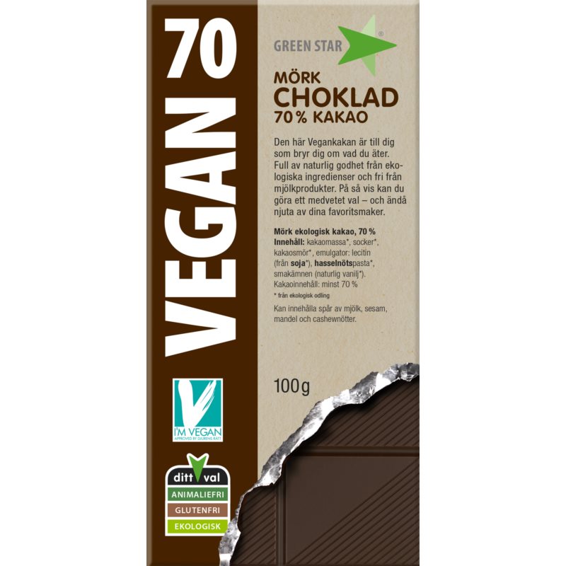 Green Star Vegan Hořká čokoláda 70% hořká čokoláda v BIO kvalitě 100 g