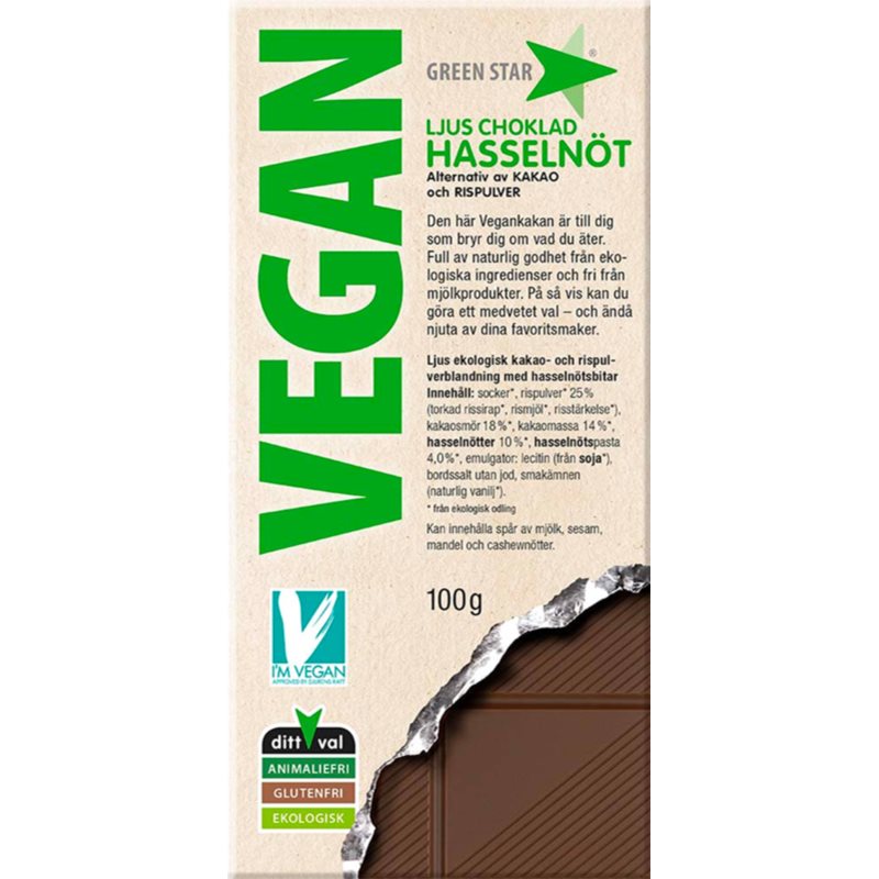 Green Star Vegan Mléčná čokoláda s lískovými oříšky mléčná čokoláda v BIO kvalitě 100 g