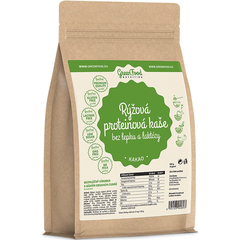 GreenFood Nutrition Proteinová rýžová kaše bez lepku a laktózy instantní kaše s proteinem příchuť Cocoa 500 g