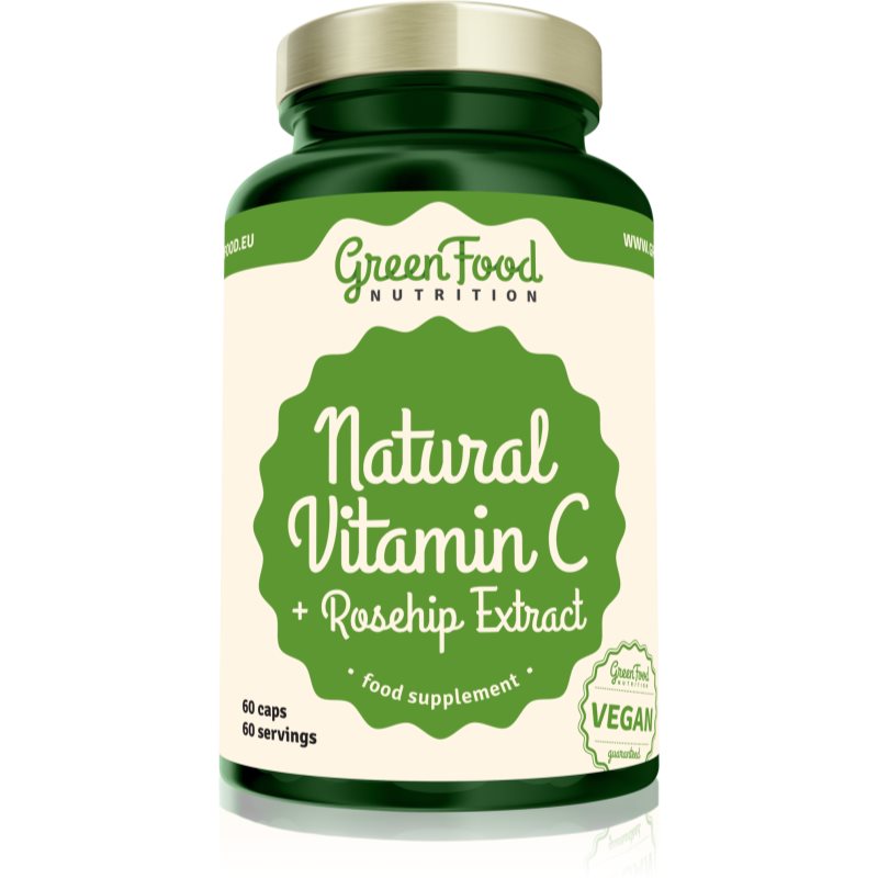 GreenFood Nutrition Natural Vitamin C + Rosehip Extract kapsuly na podporu imunitného systému, pre krásnu pleť a nechty 60 cps