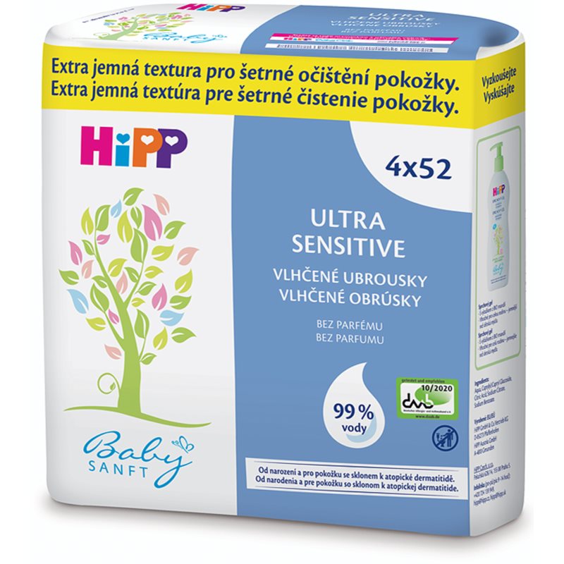 Hipp Babysanft Ultra Sensitive vlhčené čisticí ubrousky pro děti bez parfemace 4x52 ks