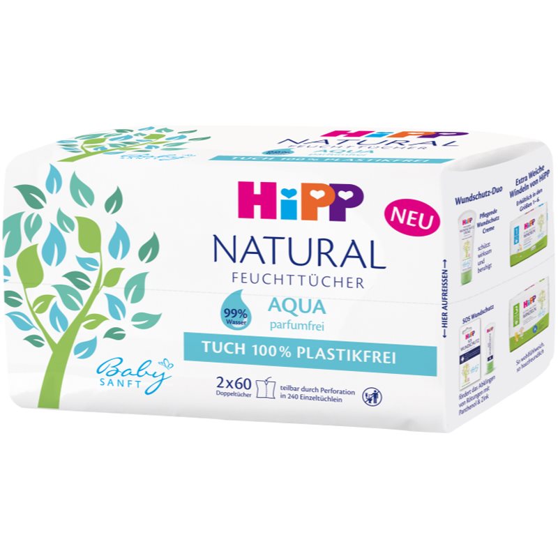 Hipp Babysanft Aqua Natural drėgnosios valomosios servetėlės vaikams nuo gimimo 2x60 vnt.