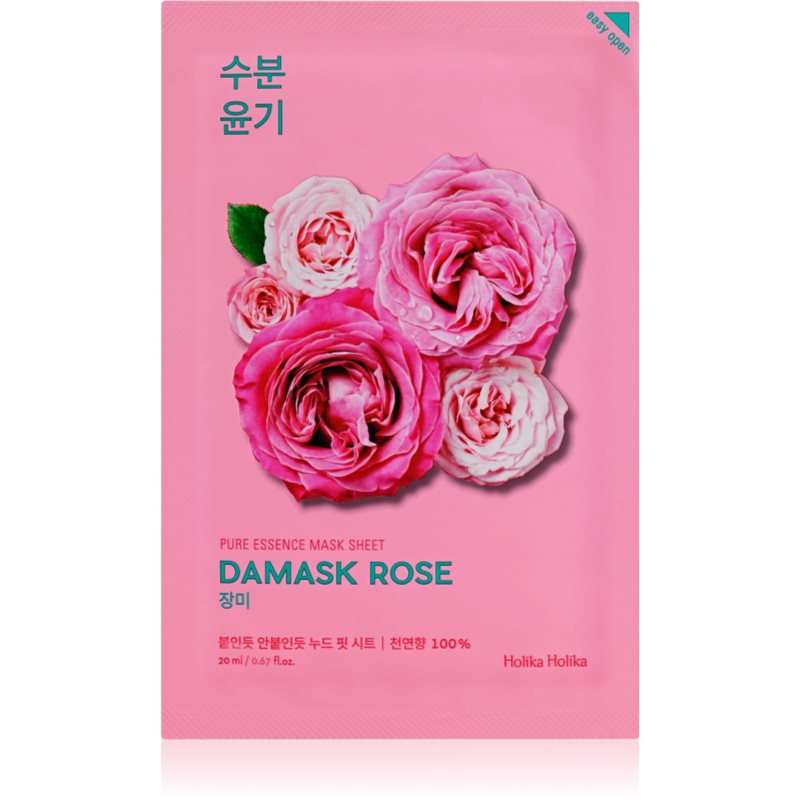 Holika Holika Pure Essence Damask Rose тканинна маска для обличчя зі зволожуючим та відновлюючим ефектом 20 мл