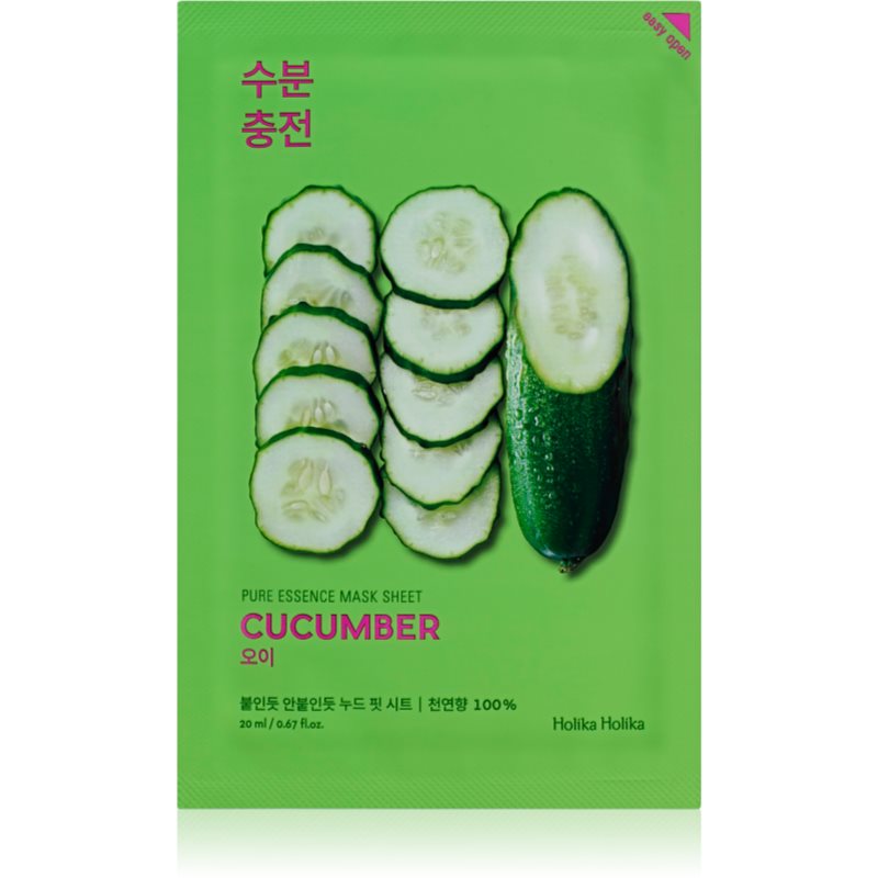 Holika Holika Pure Essence Cucumber тканинна маска зі заспокоюючим ефектом для чутливої шкіри схильної до почервонінь 23 мл