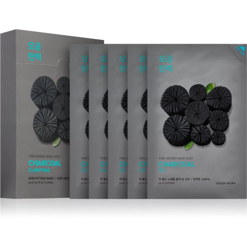 Holika Holika Pure Essence Charcoal cleansing face sheet mask with activated charcoal 5x23 ml
