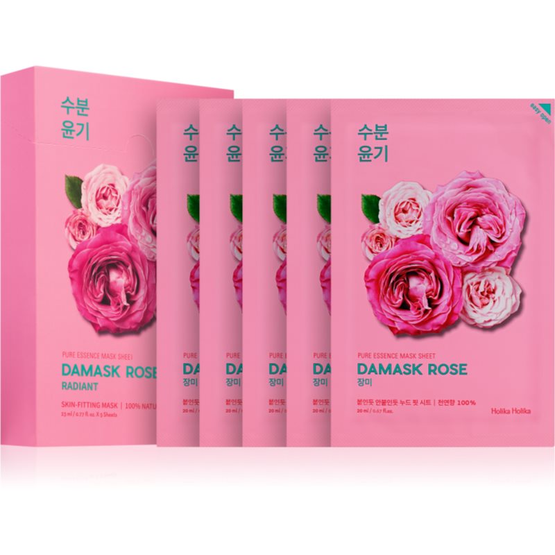 Holika Holika Pure Essence Damask Rose тканинна маска для обличчя зі зволожуючим та відновлюючим ефектом 5x20 мл