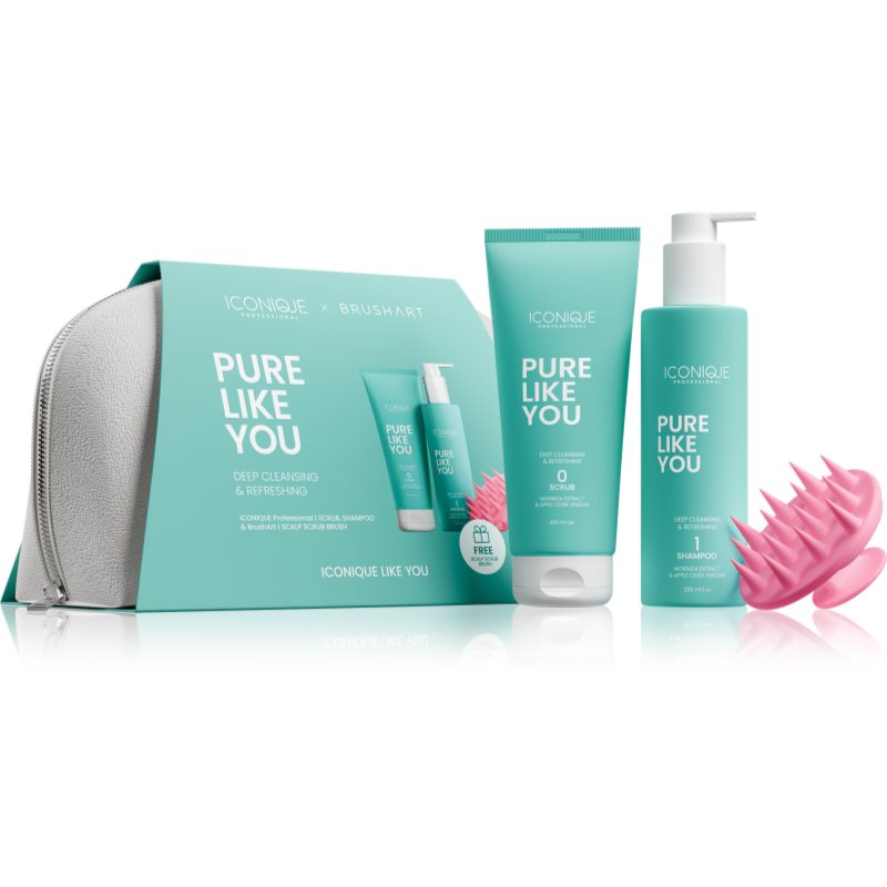 ICONIQUE Professional PURE LIKE YOU Set Shampoo 250 ml Scrub 200 ml BrushArt Massage Brush darčeková sada na vlasy a vlasovú pokožku