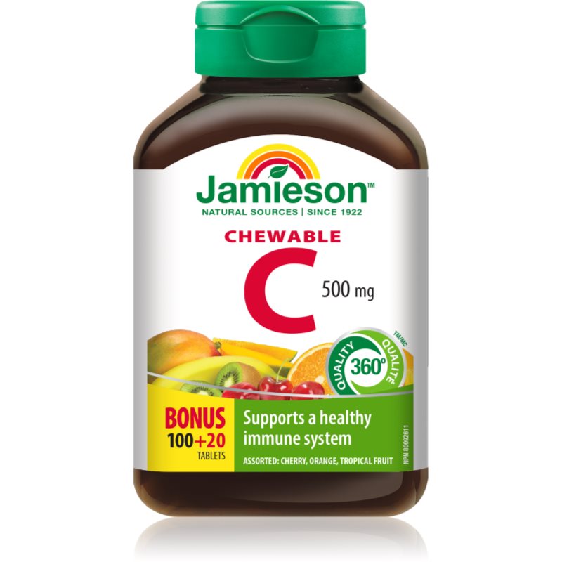 Jamieson C 500 mg tablety na cmúľanie na podporu imunitného systému príchuť Orange, Tropical fruit, Cherry 120 tbl kúpite na Notino.sk