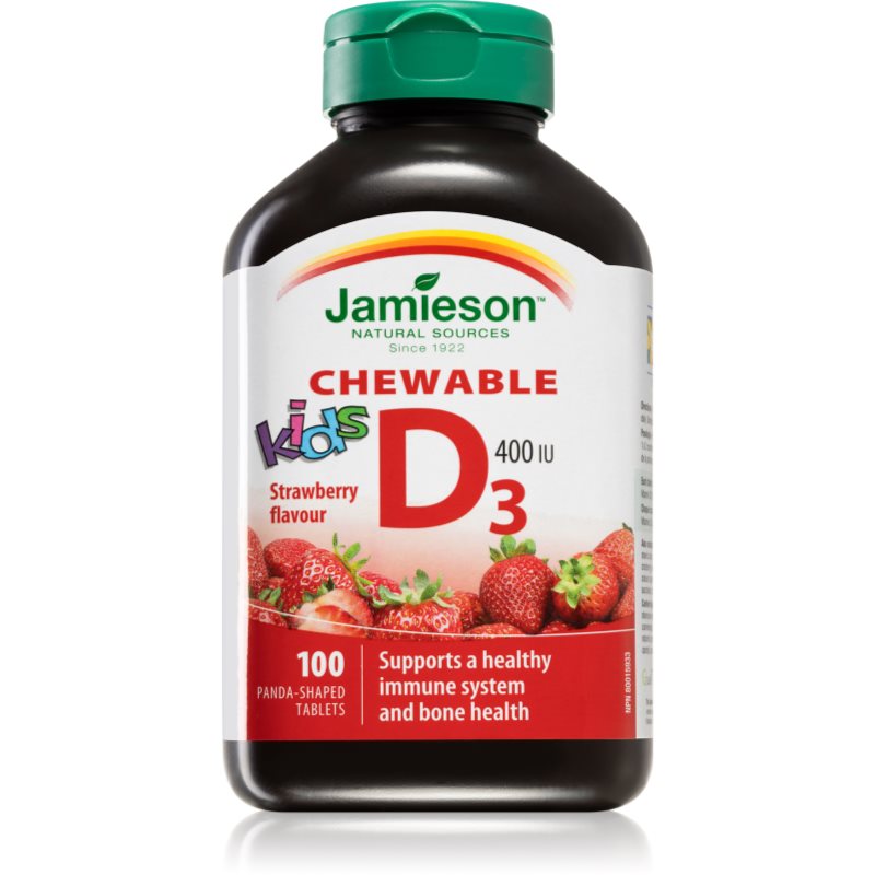 Jamieson Vitamin D3 400 IU Chewable Kids tablety na cmúľanie pre normálnu funkciu imunitného systému, stavu kostí a činnosť svalov príchuť Strawberry kúpite na Notino.sk