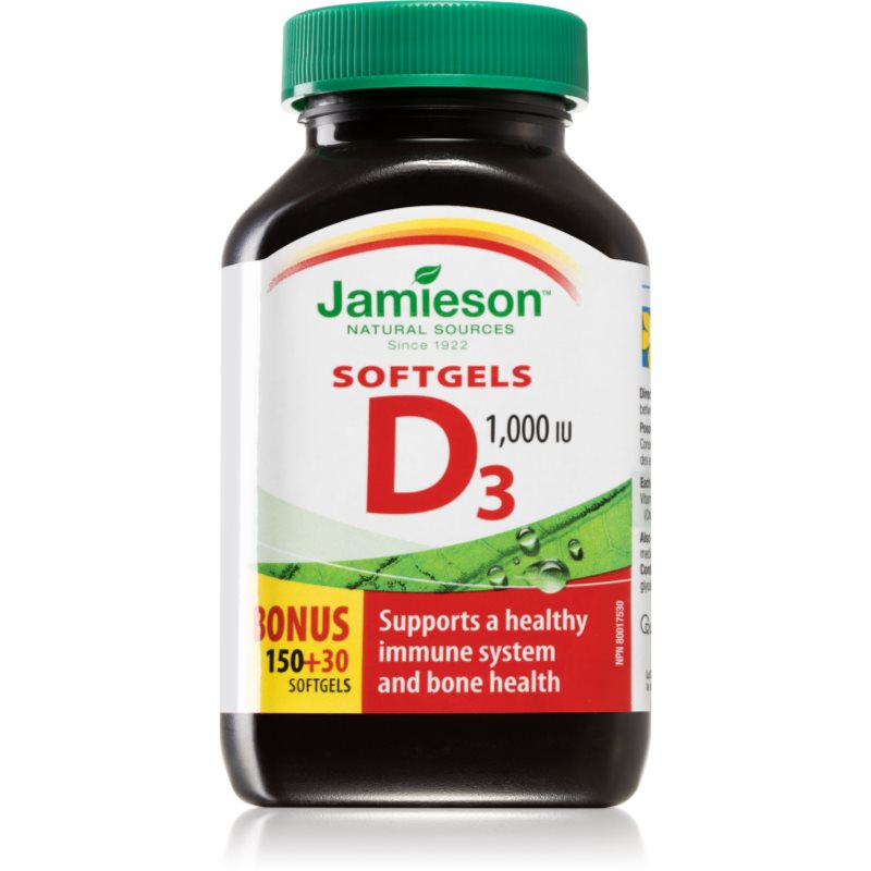 Jamieson Vitamin D3 1000 IU mäkké tobolky pre normálnu funkciu imunitného systému, stav kostí, zubov a činnosť svalov 180 ks