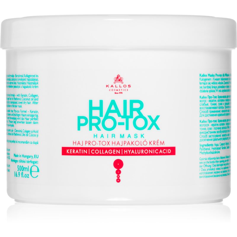 Kallos Hair Pro-Tox Maske für schwaches und beschädigtes Haar mit Koskosnussöl, Hyaluronsäure und Kollagen 500 ml