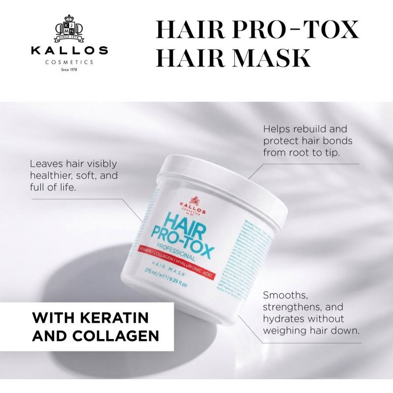 Kallos Hair Pro-Tox maska pre slabé a poškodené vlasy s kokosovým olejom, kyselinou hyalurónovou a kolagénom 500 ml (obrázok 3)