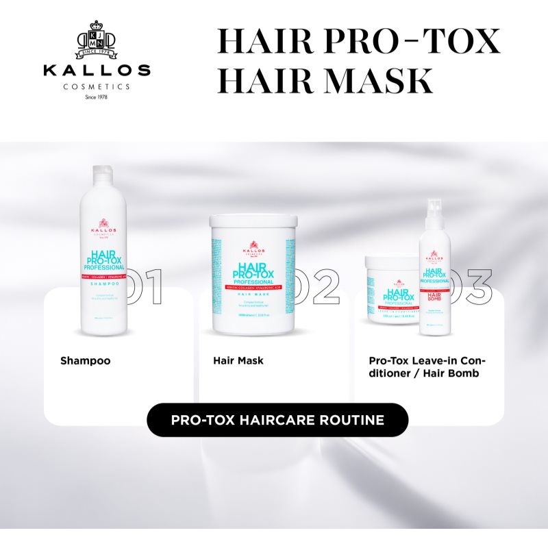 Kallos Hair Pro-Tox maska pre slabé a poškodené vlasy s kokosovým olejom, kyselinou hyalurónovou a kolagénom 500 ml (obrázok 5)