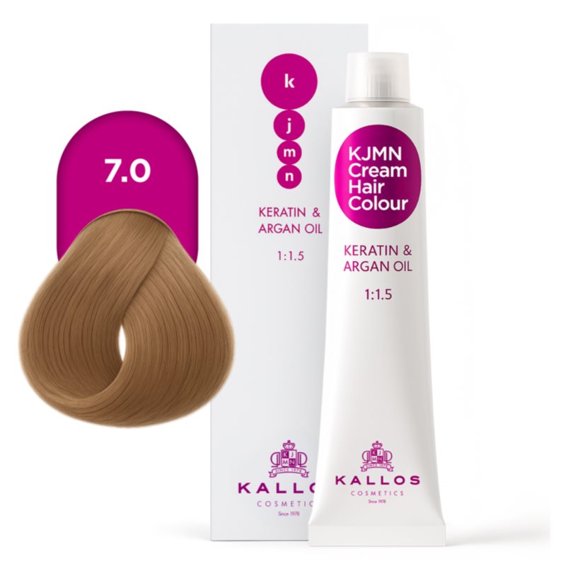 Kallos KJMN Professional Cream Hair Colour Keratin & Argan Oil farba na vlasy s keratínom a argánovým olejom odtieň 7.0 Medium Blond 100 ml (obrázok 4)